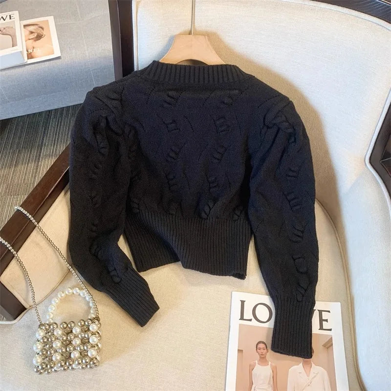 2026 New Autumn Winter Women O-neck Long Sleeve Knitted Sweaters Hollow Out Knitwear Crochet Solid Color Short Pullover Tops