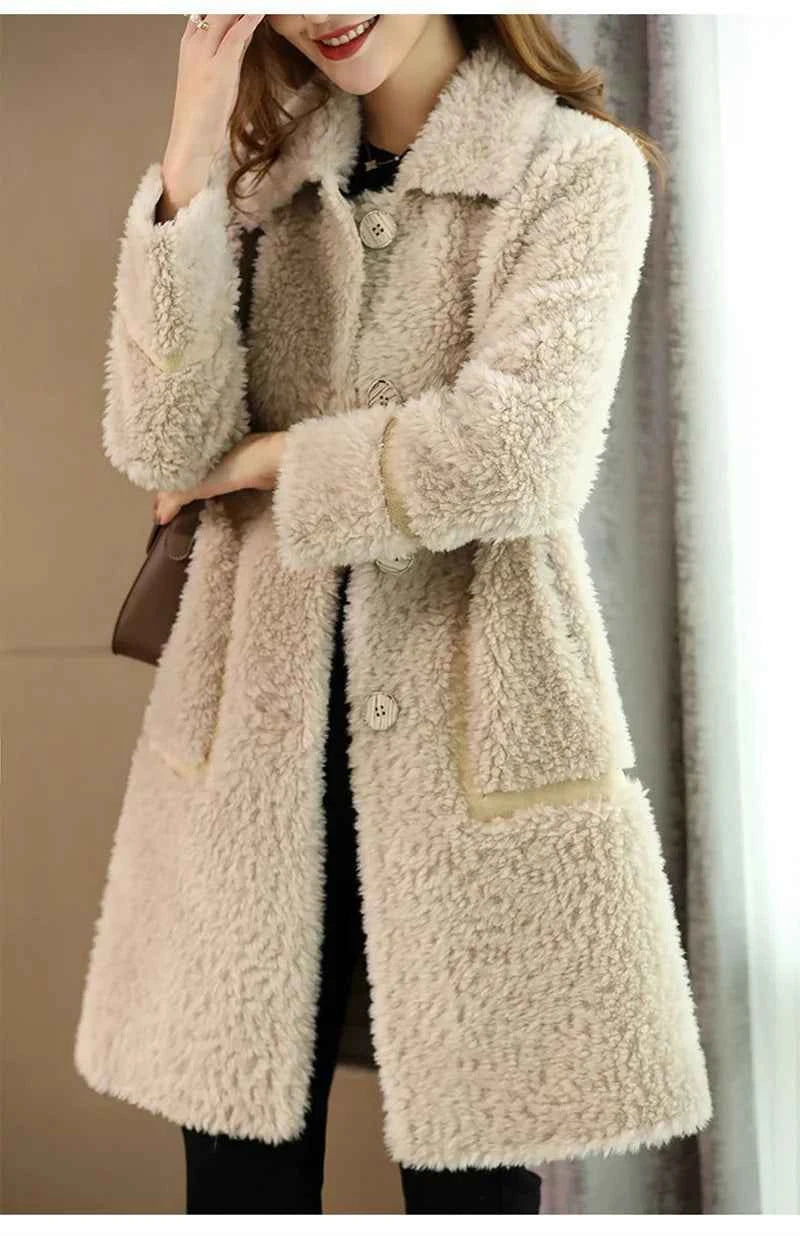 Female Winter Slim Grain Wool Middle Long Coat Women New Middle-Aged And Elderly Cashmere Thickened Imitation Lamb Wool Overcoat