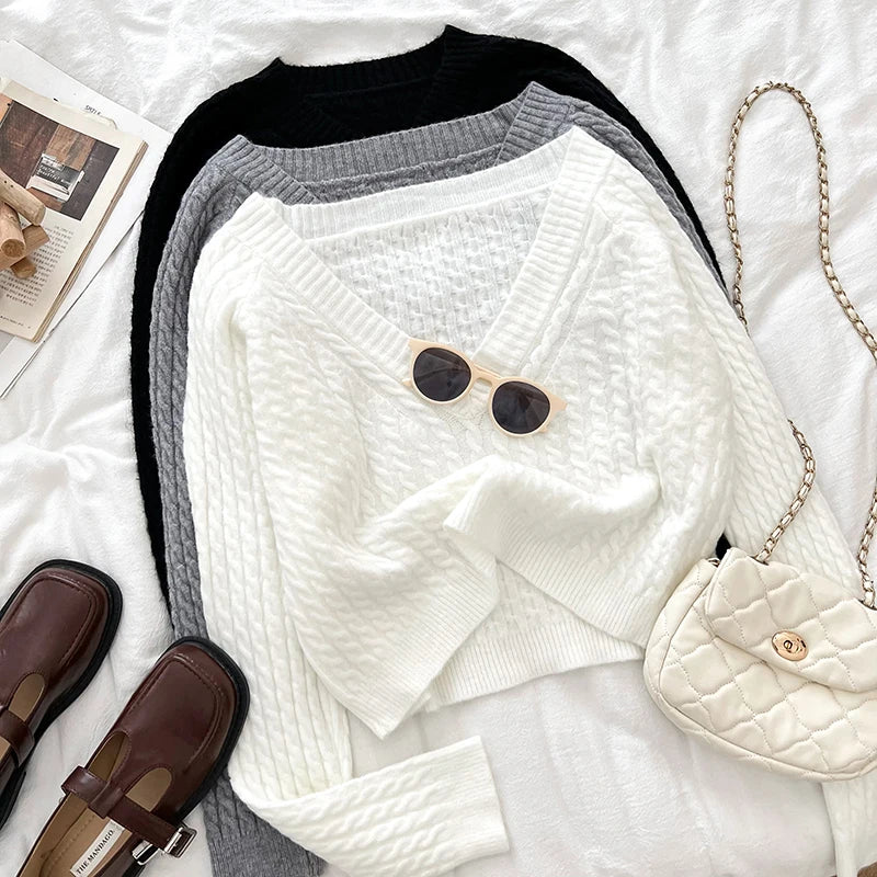 2026 New Autumn Winter Women V-neck Long Sleeve Knitted Sweaters Twist Striped Loose Solid Color Short Pullover Tops