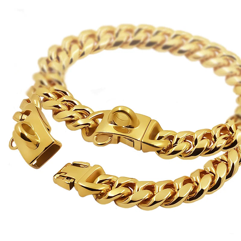 Metal Dog Collar Stainless Steel Pet Choker Gold Cuban Link Chain 14mm Wide Lead for Small Medium Large Dogs Pet Accessories luxecrown.co.uk