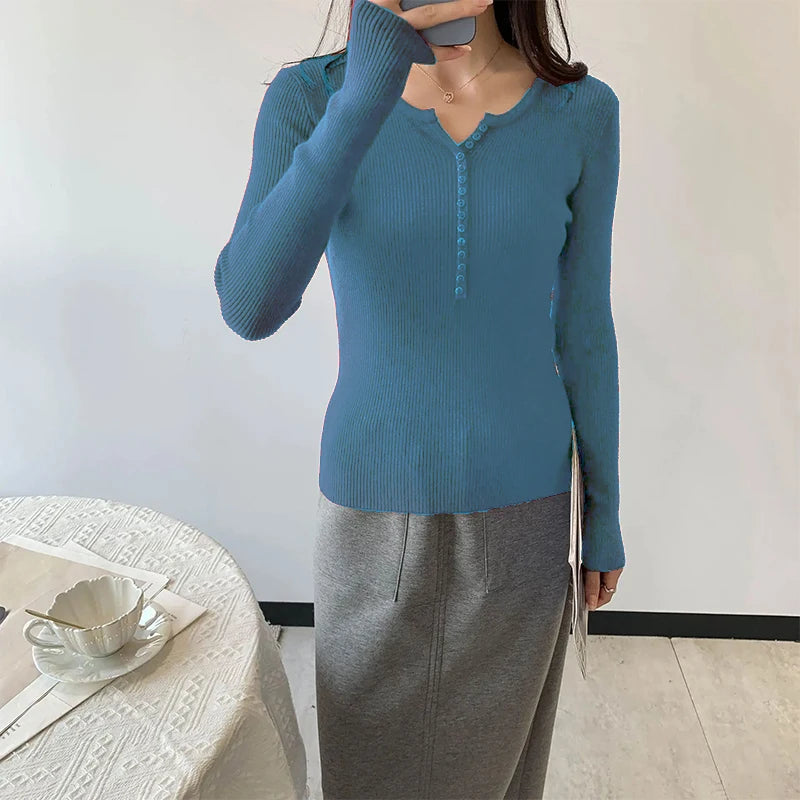2026 Spring Autumn Basic Sweaters Knitted Women Sweater Button O-neck Pullovers Female Pullover Slim Solid Bold Stripes Tops