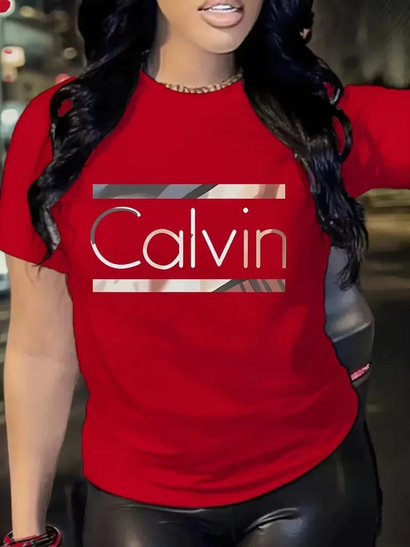 Hot Sale Women's Summer Fashion Casual Calvin Letter Pattern Print Loose Round Neck Short Sleeve Sportswear T-shirt y2k clothes luxecrown.co.uk