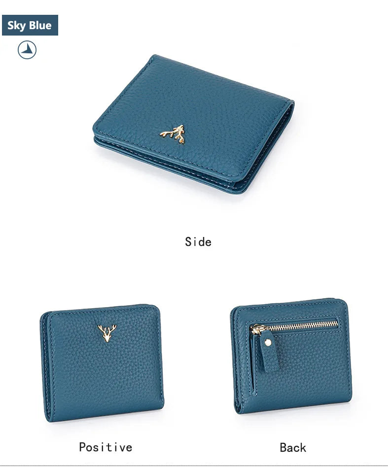 Cowhide Women's Purses Short Thin Small Wallet Chic Christmas Deer Button Ladies Genuine Leather Card Holder Wallet Coin Purse luxecrown.co.uk