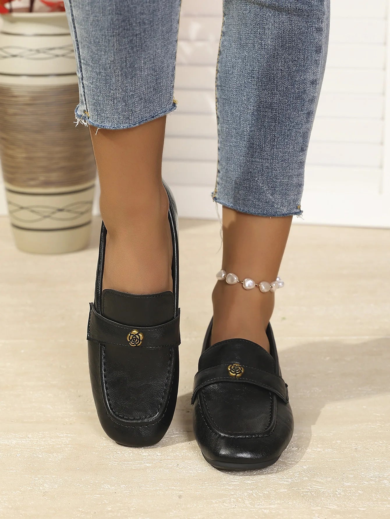 Women's Leather Flat Loafers with Gold-Tone Flower Accessory Round Apron Toe Low Block Heel Comfortable & Office Dress Shoes luxecrown.co.uk