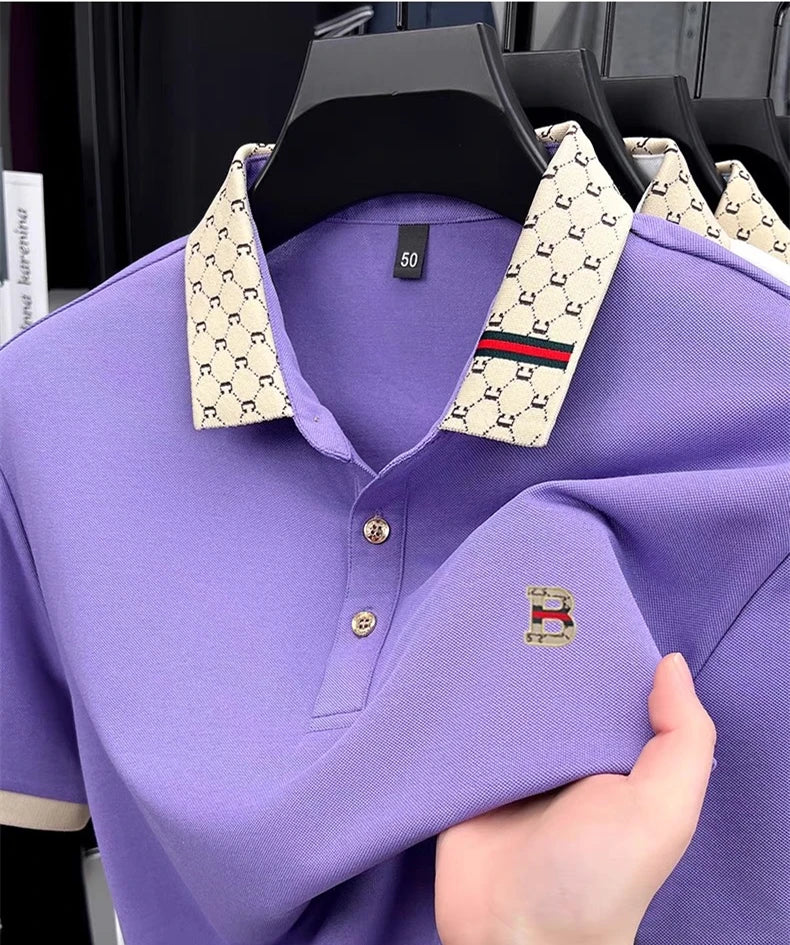 Luxury brand B letter embossed short sleeve polo shirt men summer lightweight breathable new fashion color blocked lapel T-shirt luxecrown.co.uk