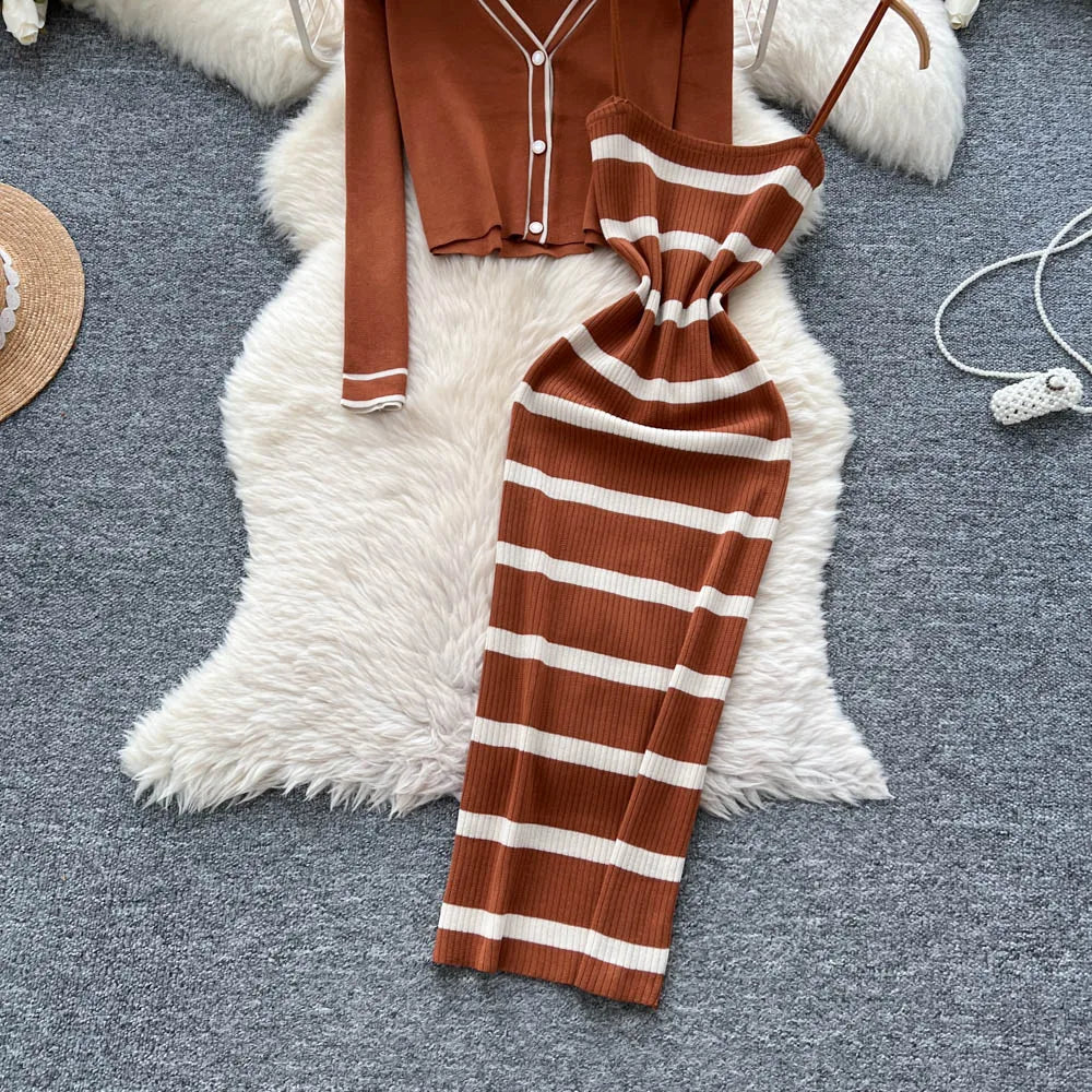 New Fashion Autumn Knitted Suits Long Sleeve V Neck Buttons Top+Stripe Strap Bodycon Dress Elegant OL Women Two Piece Sets