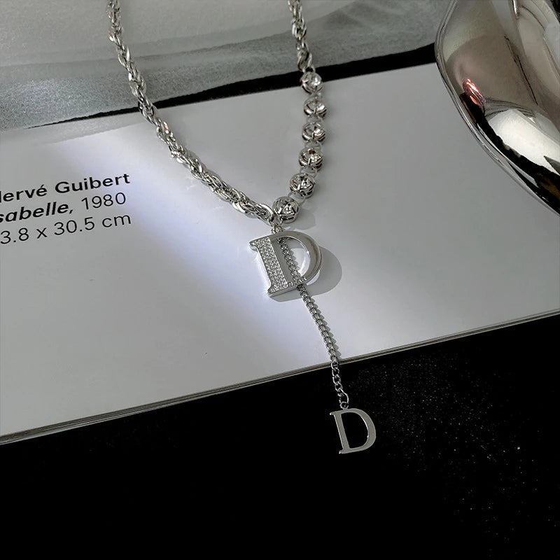 2024 New Luxury Zircon Letter D Pendant Necklace for Women Girls Sparkling Rhinestone Tassel Sweater Chain Necklace Jewelry Gift Streetsharks