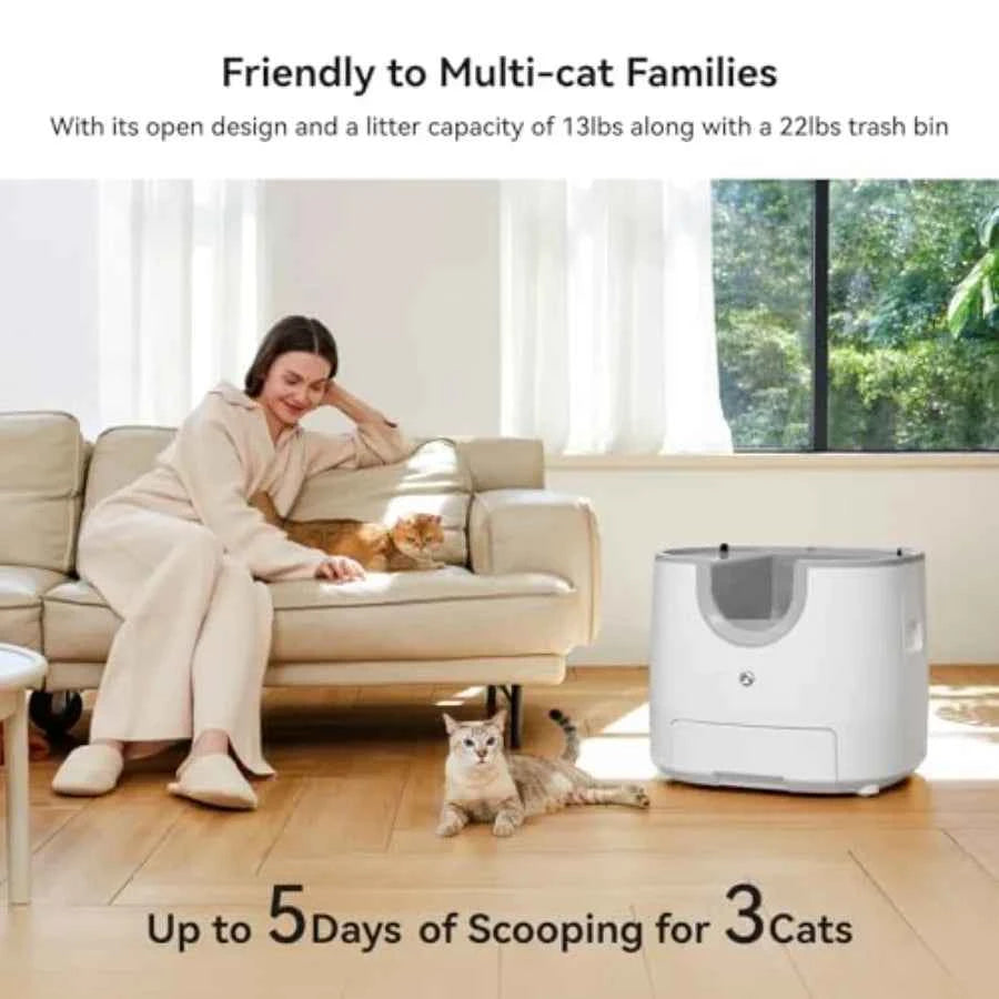 F8 Self-Cleaning Cat Litter Box Large Capacity Open-Top Design for Multi-Cat Homes with Enhanced Safety Features Includes Trash