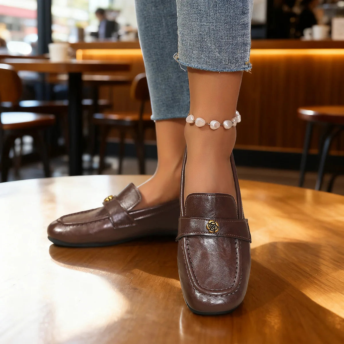 Women's Leather Flat Loafers with Gold-Tone Flower Accessory Round Apron Toe Low Block Heel Comfortable & Office Dress Shoes luxecrown.co.uk