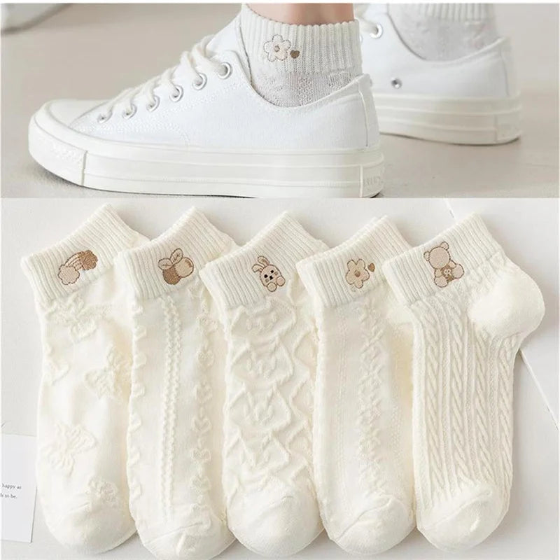 5pairs Women Socks Spring Summer Cute Bear Rabbit Rainbow Print Ankle Socks Casual Short Socks