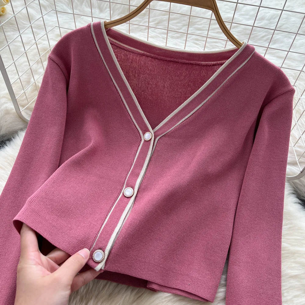 New Fashion Autumn Knitted Suits Long Sleeve V Neck Buttons Top+Stripe Strap Bodycon Dress Elegant OL Women Two Piece Sets