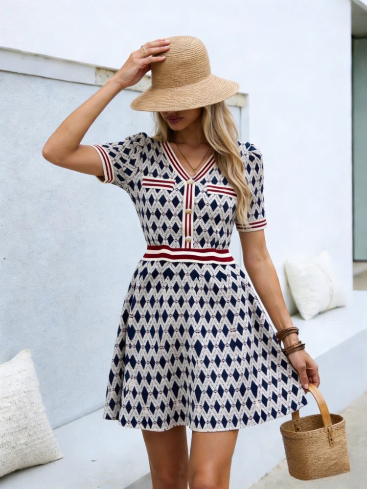 Women's V-Neck Short Sleeve Knit Dress Geometric Argyle Print Contrast Trim Flare Mini Dress Casual Summer Daily Party Dress