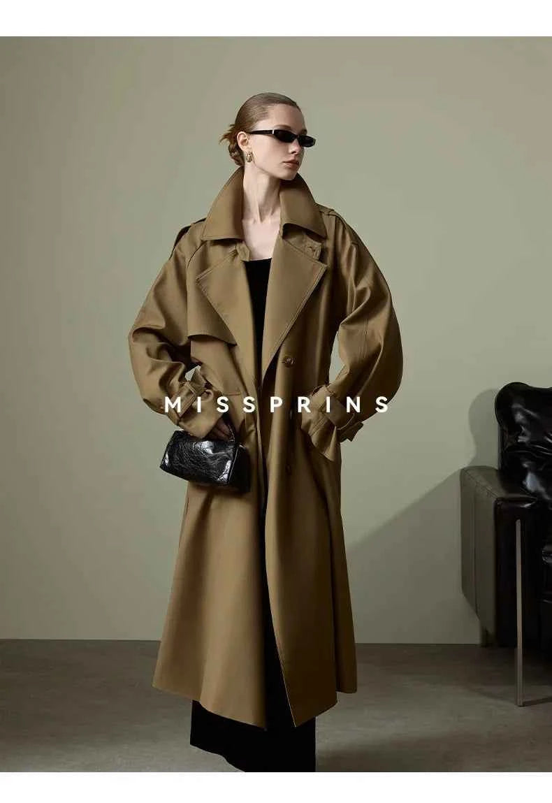 Lautaro Spring Autumn Long Khaki Trench Coat for Women Belt Double Breasted Chic Luxury Designer European Fashion Clothes 2025