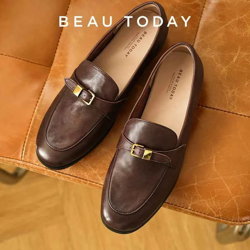 BEAUTODAY Loafers Women Cow Leather Waxing Round Toe Metal Buckle Strap Slip-on Flats Business Suit Ladies Shoes Handmade 26267 luxecrown.co.uk