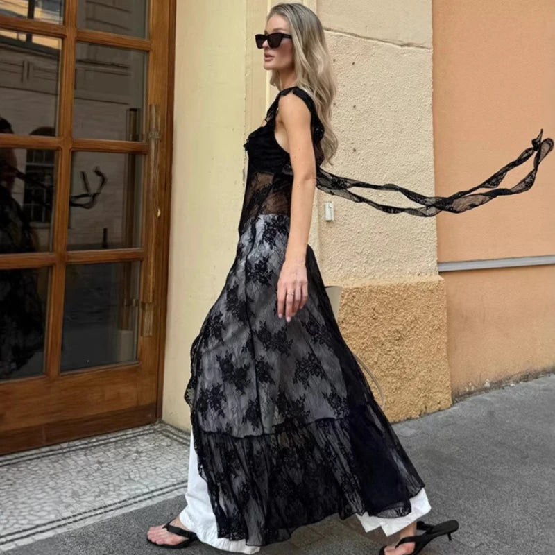 TARUXY Elegant Black Lace Sexy Dress Women's Summer New Perspective Hollow Out Slit V-Neck Straps Dress Female Party Club Dress