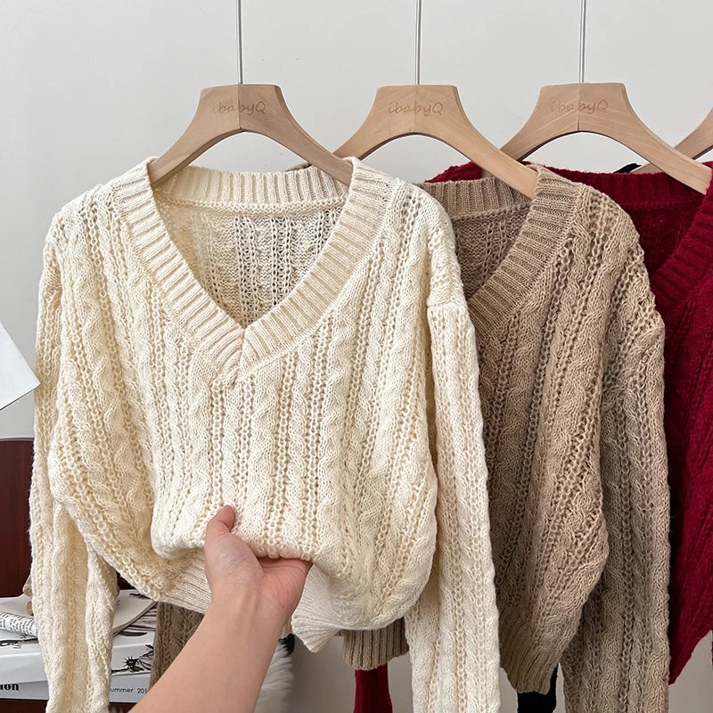 2026 New Autumn Winter Loose Casual Knitwear V-neck Long Sleeve Knitted Sweaters Twist Hollow Out Crochet Short Pullover Tops