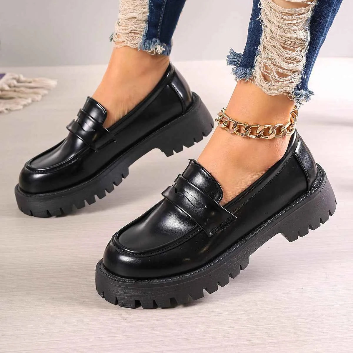 Casual Platform Loafers Woman 2024 British Style Black Brown PU Leather Shoes for Women Comfort Slip On Flats Plus Size luxecrown.co.uk