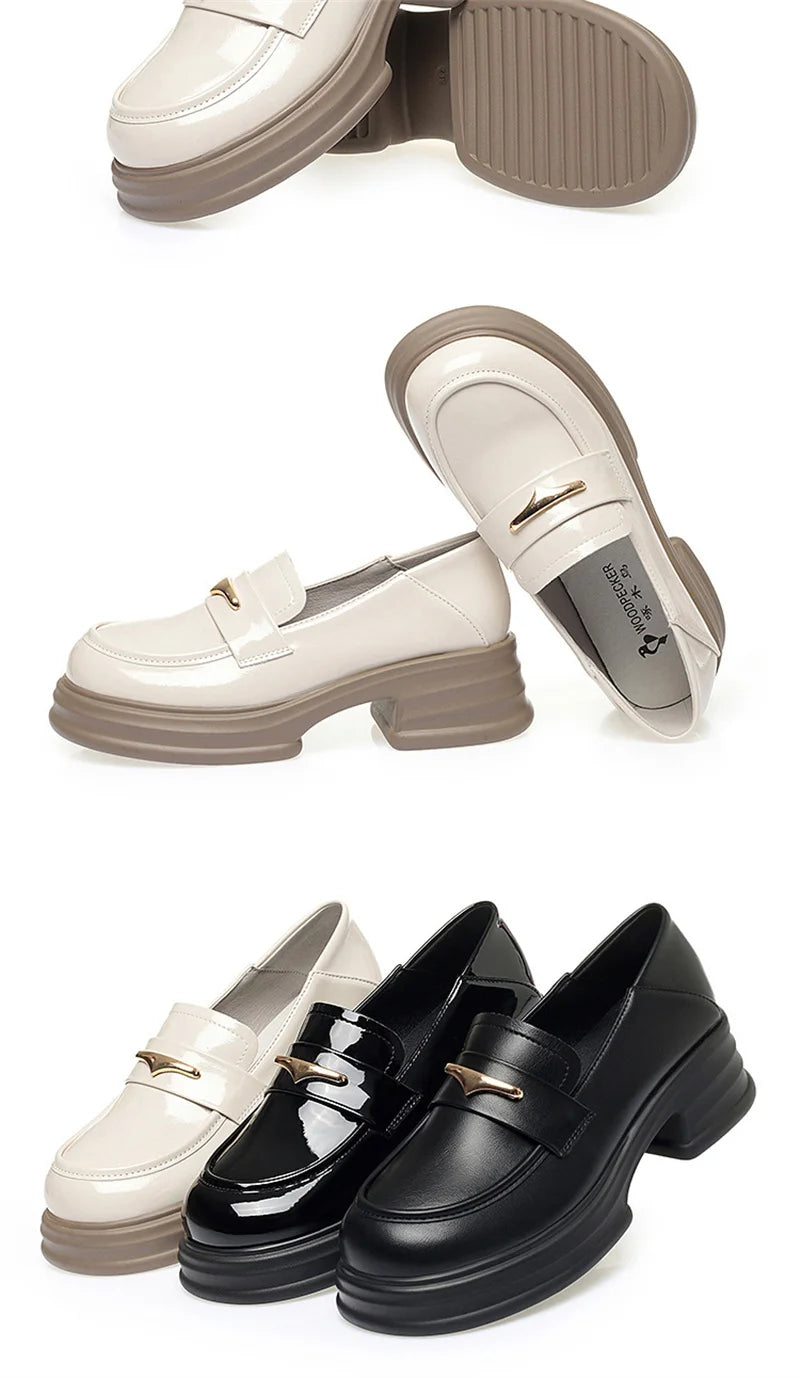 Thick-Soled Loafers Women's Spring And Autumn New British Style Retro Sponge Cake Leather Shoes Thick Heel Black Single Shoes luxecrown.co.uk