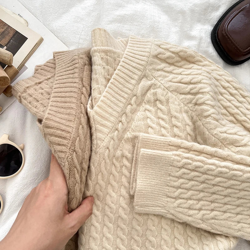 2026 New Autumn Winter Women V-neck Long Sleeve Knitted Sweaters Twist Striped Loose Solid Color Short Pullover Tops