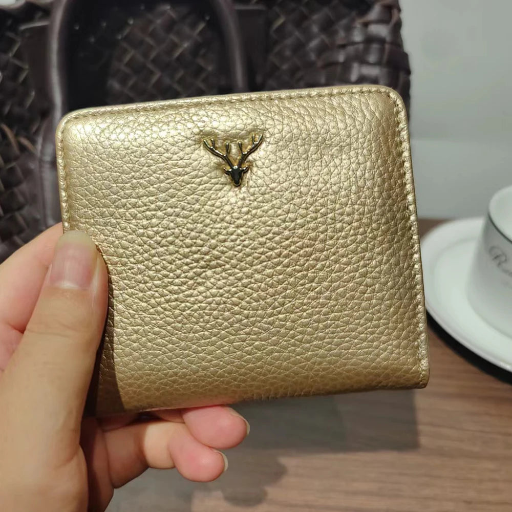 Cowhide Women's Purses Short Thin Small Wallet Chic Christmas Deer Button Ladies Genuine Leather Card Holder Wallet Coin Purse luxecrown.co.uk