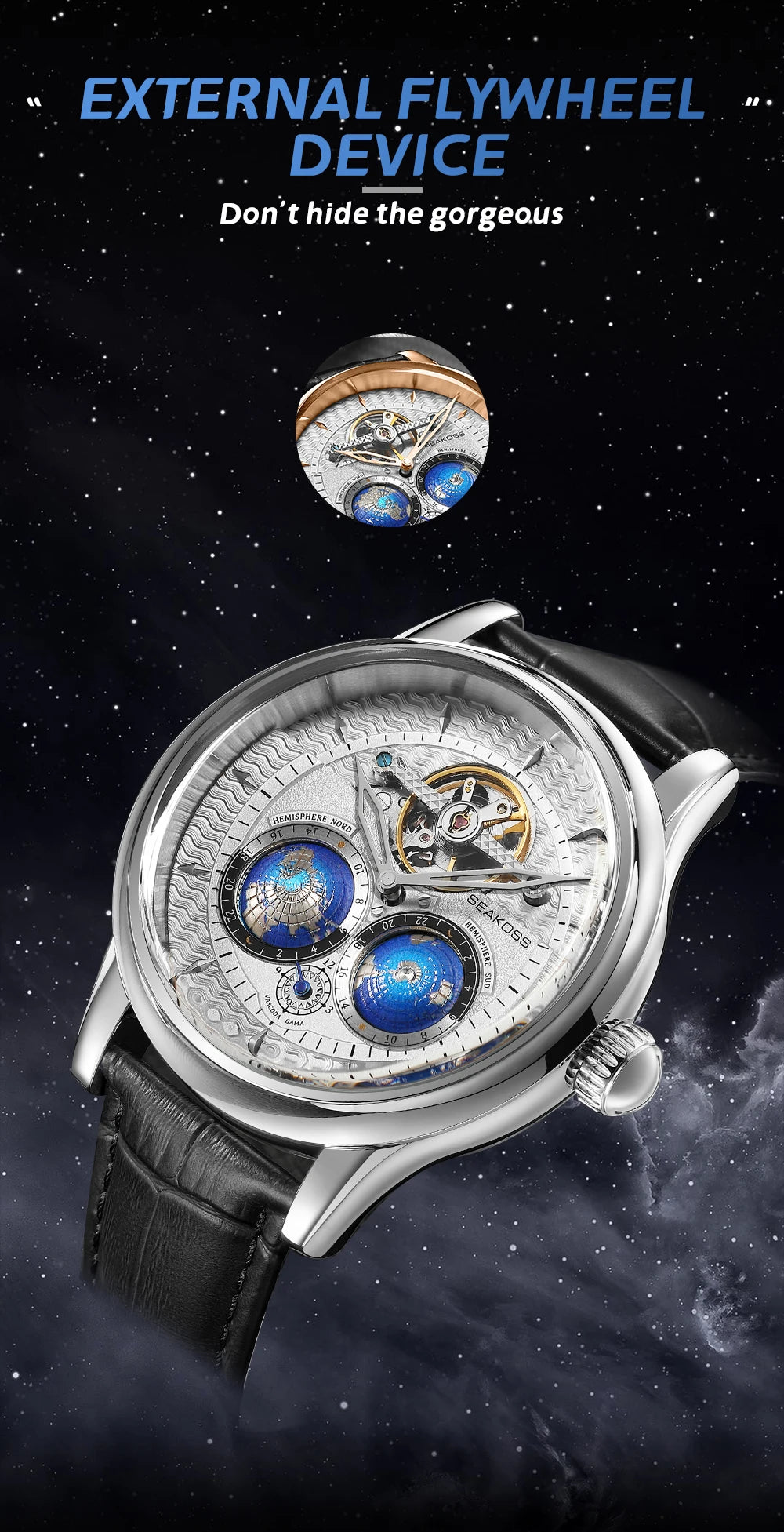 SEAKOSS Male Dual Earth Rotating Mechanical Men's Watch Automatic Movement Waterproof Clock Pilots 1963 Flywheel Wristwatches