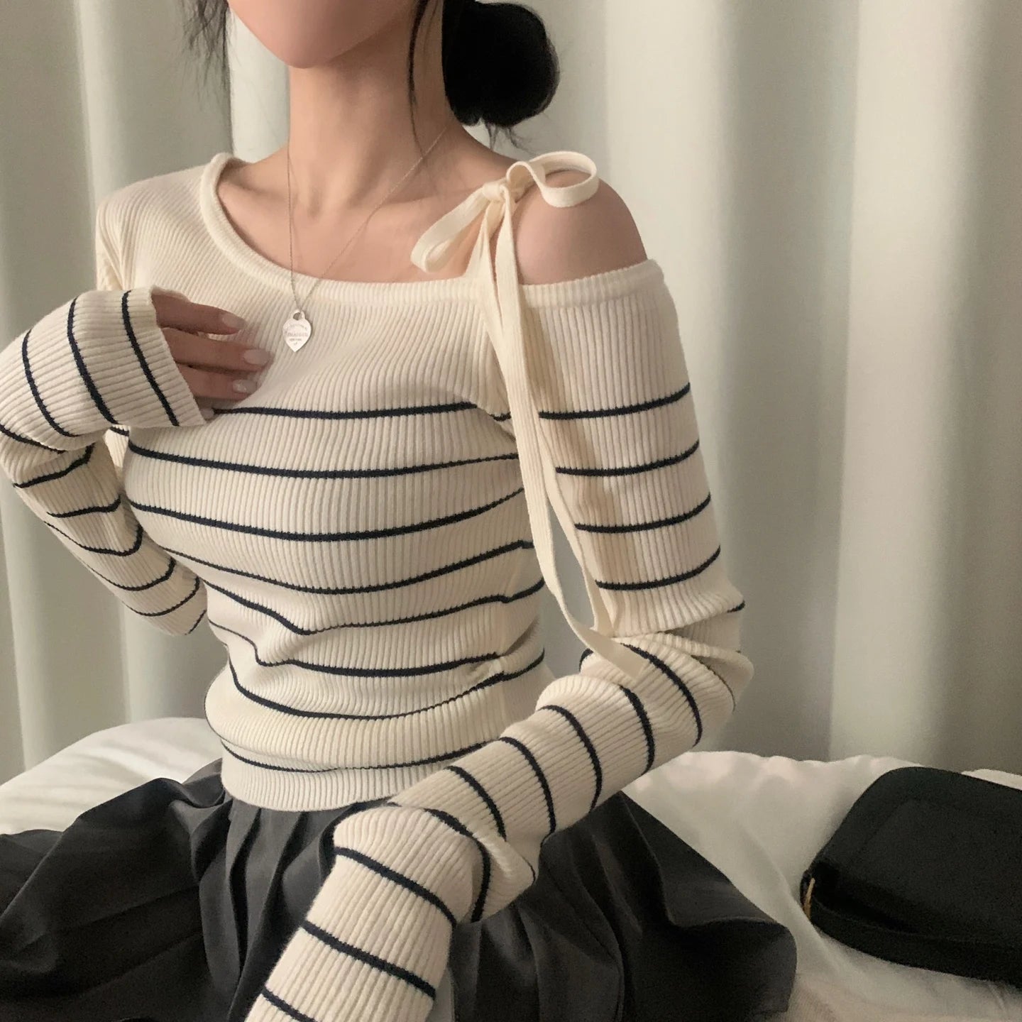 2026 New Women's Elegant Off-Shoulder Sweater T-Shirt Black White Striped with Adjustable Lace-Up Fall Winter Casual Chic Top