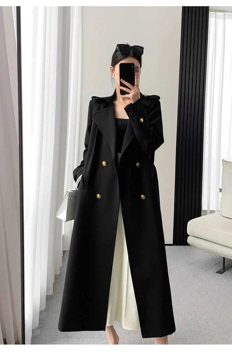 Lautaro Spring Autumn Long Black Trench Coat for Women Gold Buttons Double Breasted Elegant Chic Luxury Designer Clothes 2025