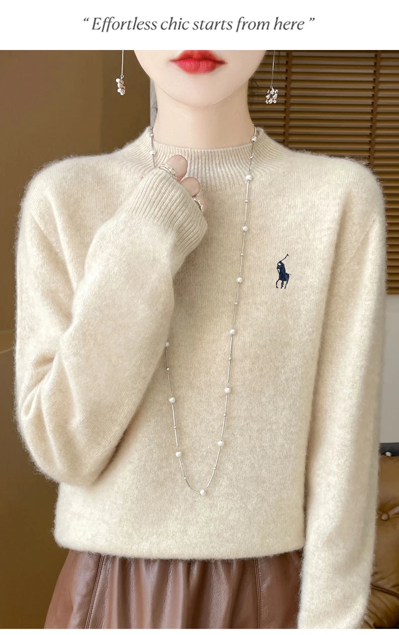 2024 Autumn/Winter Women's New Cashmere Hoodie Fashionable Embroidered Half High Neck Soft Cashmere Explosive100% Australianwool Streetsharks