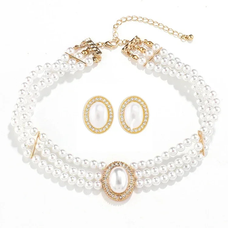 Women Elegant Pearl Clavicle Chain Collares Ladies Short Pendant Necklaces Earrings Choker Jewelry set Streetsharks