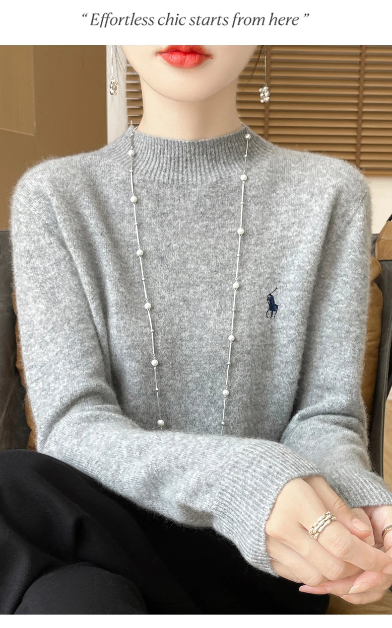 2024 Autumn/Winter Women's New Cashmere Hoodie Fashionable Embroidered Half High Neck Soft Cashmere Explosive100% Australianwool Streetsharks