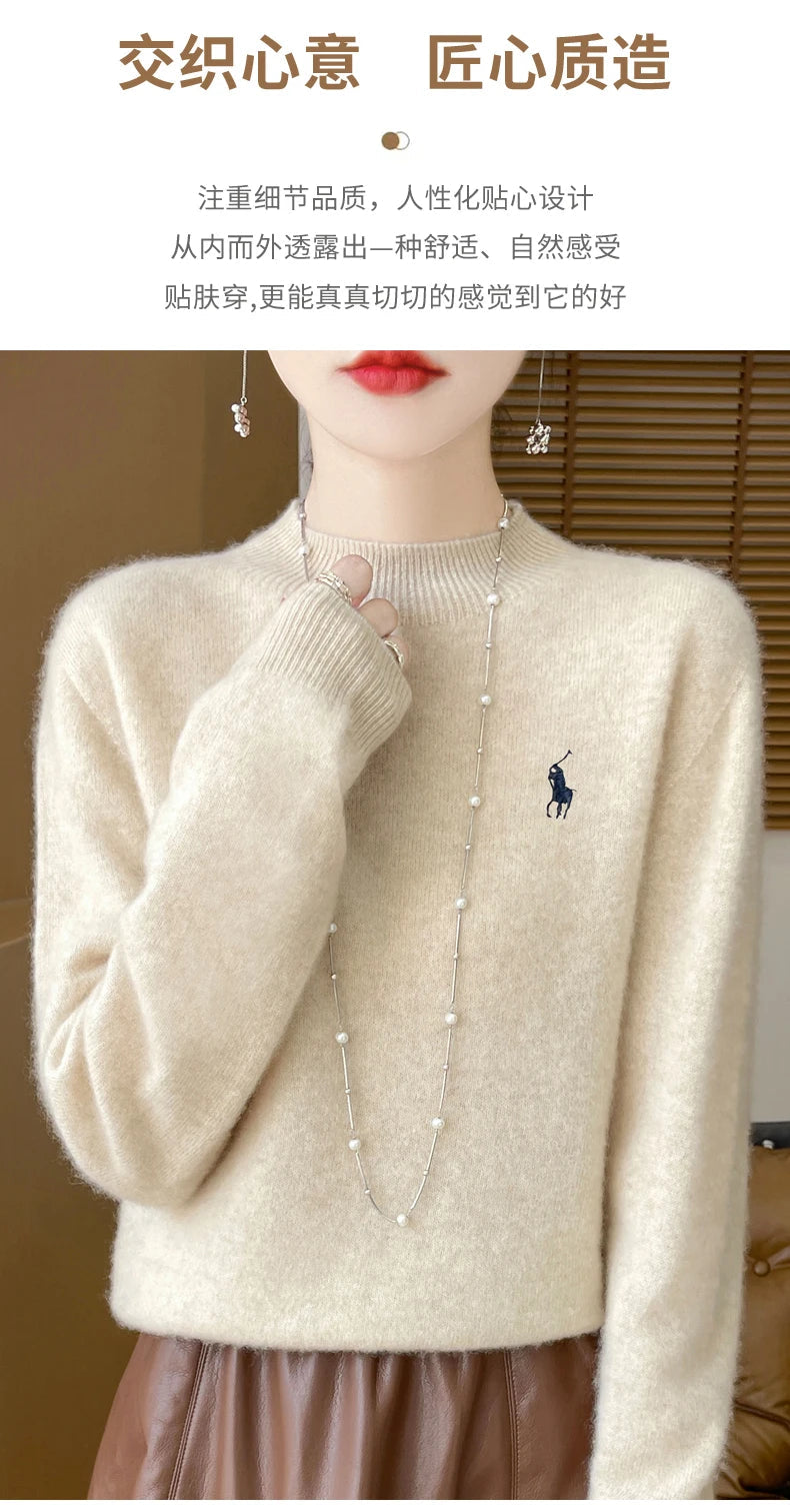 2024 Autumn/Winter Women's New Cashmere Hoodie Fashionable Embroidered Half High Neck Soft Cashmere Explosive100% Australianwool Streetsharks