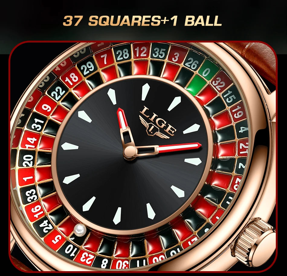 LIGE Fashion Brown Leather Men Watch Rotating Dial Las Vegas Roulette Desktop Theme Watch Men Waterproof Luminous Clock Watches