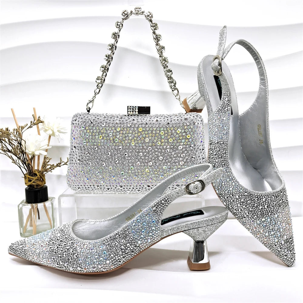 2026 Nigerian Women Heel Ladies Italian Luxury Design Green Shoes And Bag Set Decorated with Rhinestone Handbag Wedding Party luxecrown.co.uk