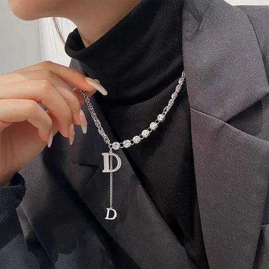2024 New Luxury Zircon Letter D Pendant Necklace for Women Girls Sparkling Rhinestone Tassel Sweater Chain Necklace Jewelry Gift Streetsharks