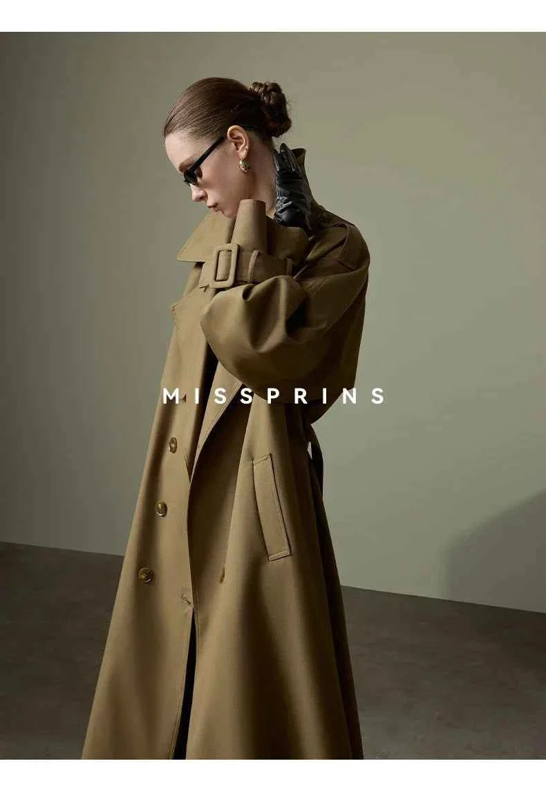 Lautaro Spring Autumn Long Khaki Trench Coat for Women Belt Double Breasted Chic Luxury Designer European Fashion Clothes 2025