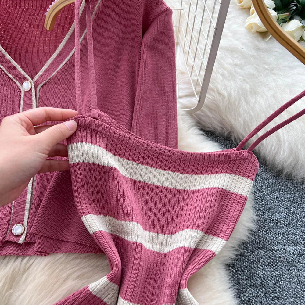 New Fashion Autumn Knitted Suits Long Sleeve V Neck Buttons Top+Stripe Strap Bodycon Dress Elegant OL Women Two Piece Sets