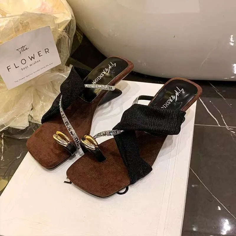 Luxury Rhinestone Square Toe Sandals  Toe Loop Women Elegant Pleated Slides Metal Decor Beach Wedding Party Dress Mules Shoes luxecrown.co.uk