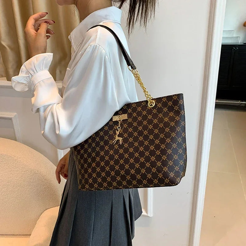 Women Luxury Design New Presbyopic Handbag Large Capacity Handbag Fashion Printing Shoulder Bag Trendy Shopping Bag with pendant luxecrown.co.uk