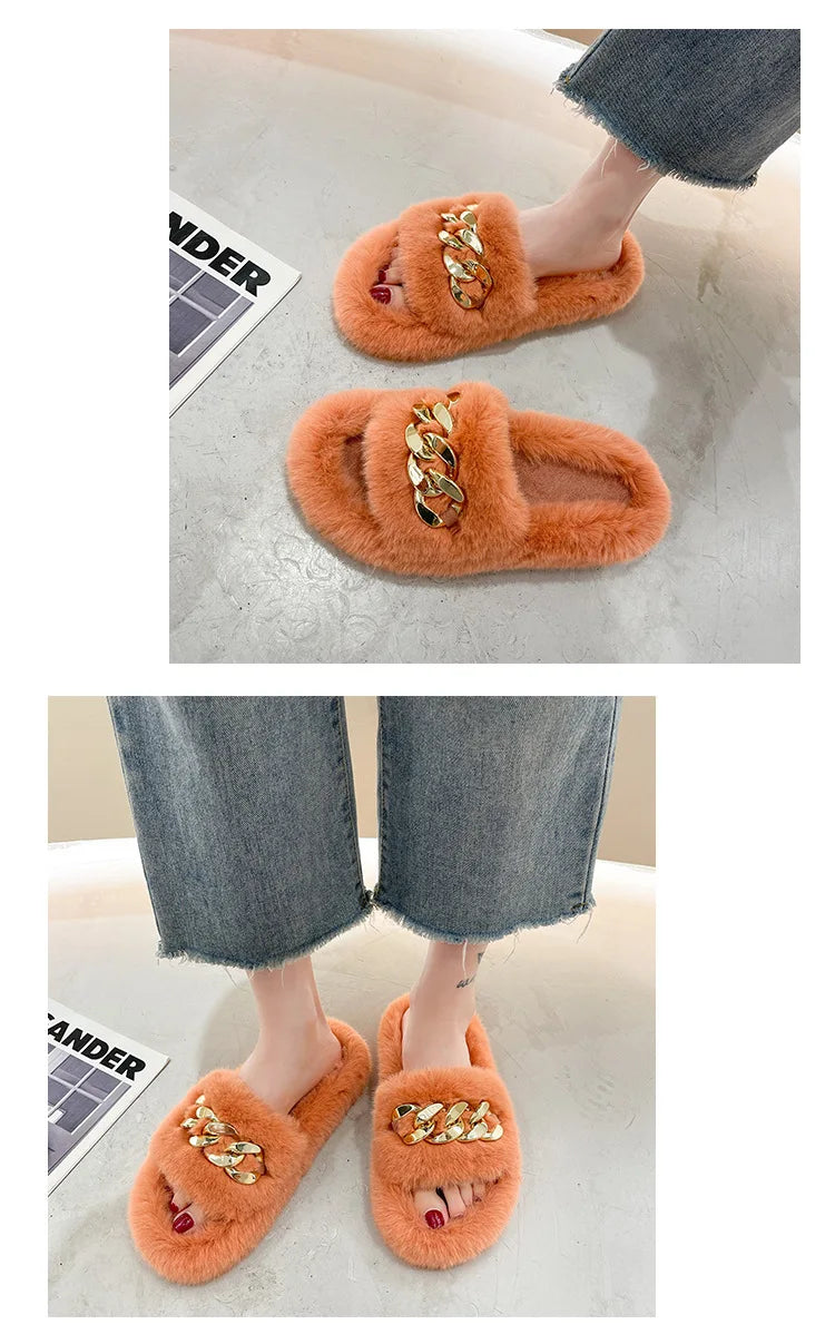 Fashion Faux Fox Fur Slippers Women Spring Autumn Fluffy Slides Ladies Peep Toe Fur Shoes Flat Large Size Furry Soft House Shoes luxecrown.co.uk