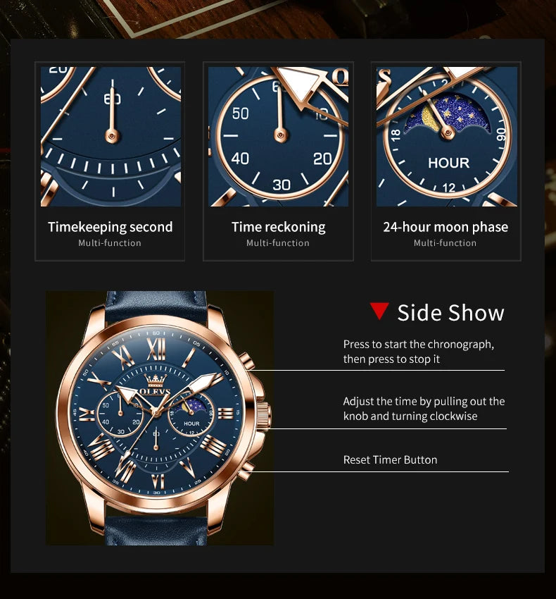 OLEVS 3632 Men Watch Elegant Luxury Sport Quartz Watch Scale Waterproof Luminous Automatic Date Moon Belt Watch Gifts Original luxecrown.co.uk