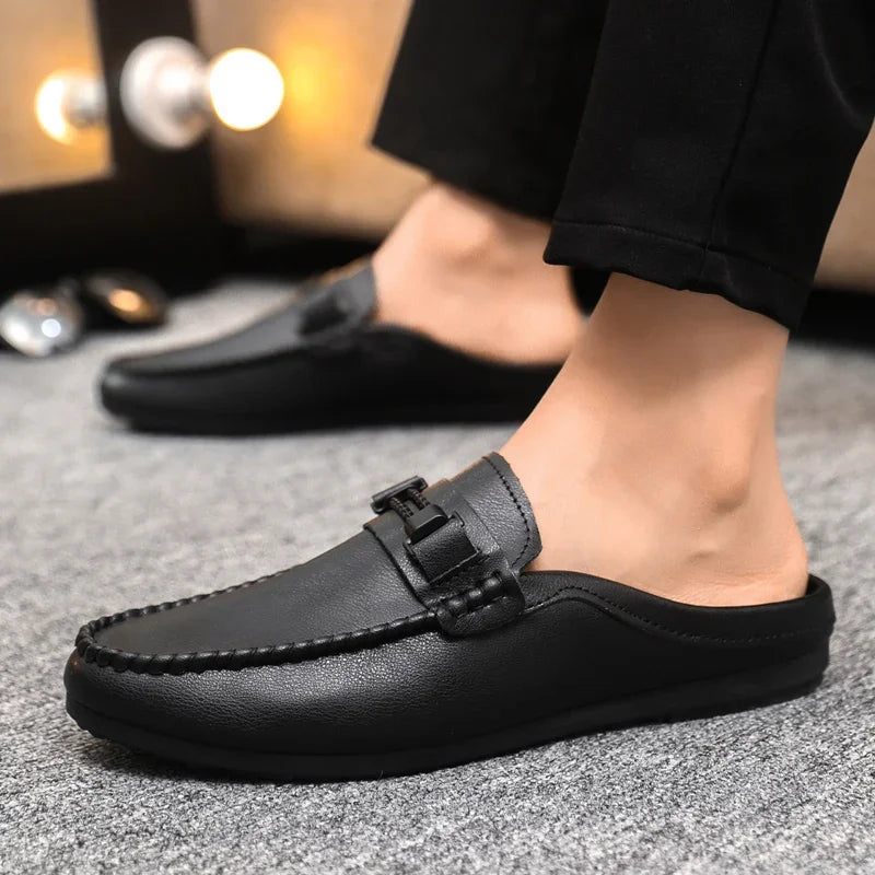 Summer Leather Men Half Slippers Breathable Mens Casual Shoes Slip-on Lazy Driving Shoes Comfortable Walking Loafers Moccasins luxecrown.co.uk