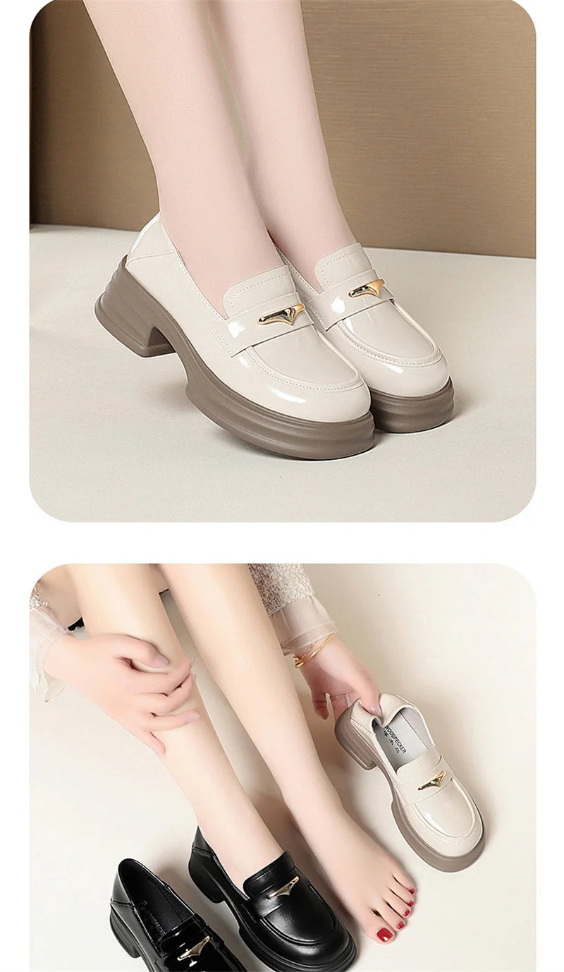 Thick-Soled Loafers Women's Spring And Autumn New British Style Retro Sponge Cake Leather Shoes Thick Heel Black Single Shoes luxecrown.co.uk