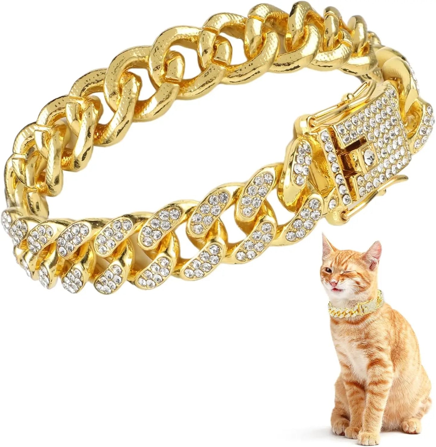 Fashion Jewelry Accessories Gold Cuban Chain Cat Collar Luxury Crystal Rhinestone Pet Kitten Necklace for Cats luxecrown.co.uk