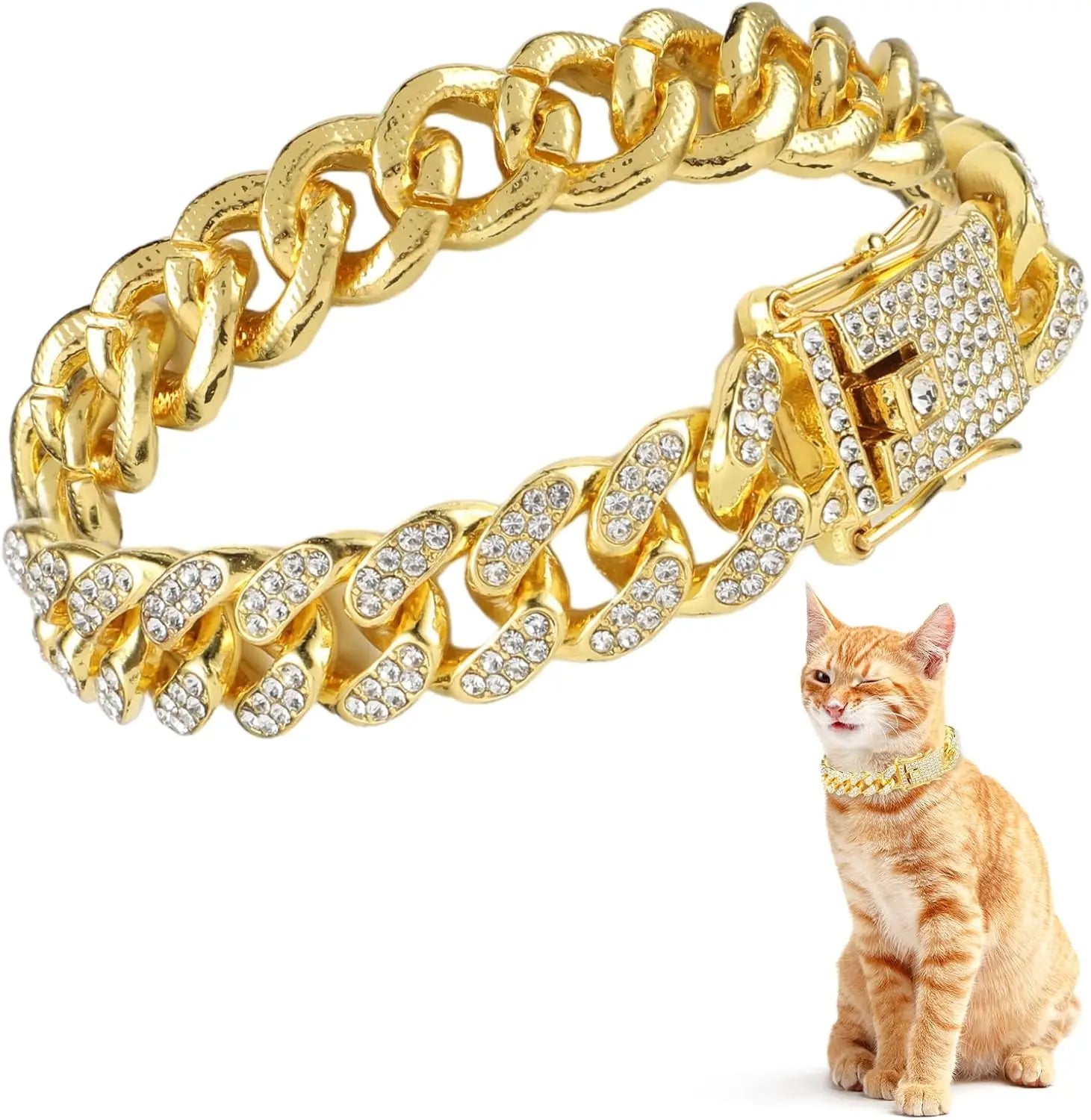 Fashion Jewelry Accessories Gold Cuban Chain Cat Collar Luxury Crystal Rhinestone Pet Kitten Necklace for Cats luxecrown.co.uk