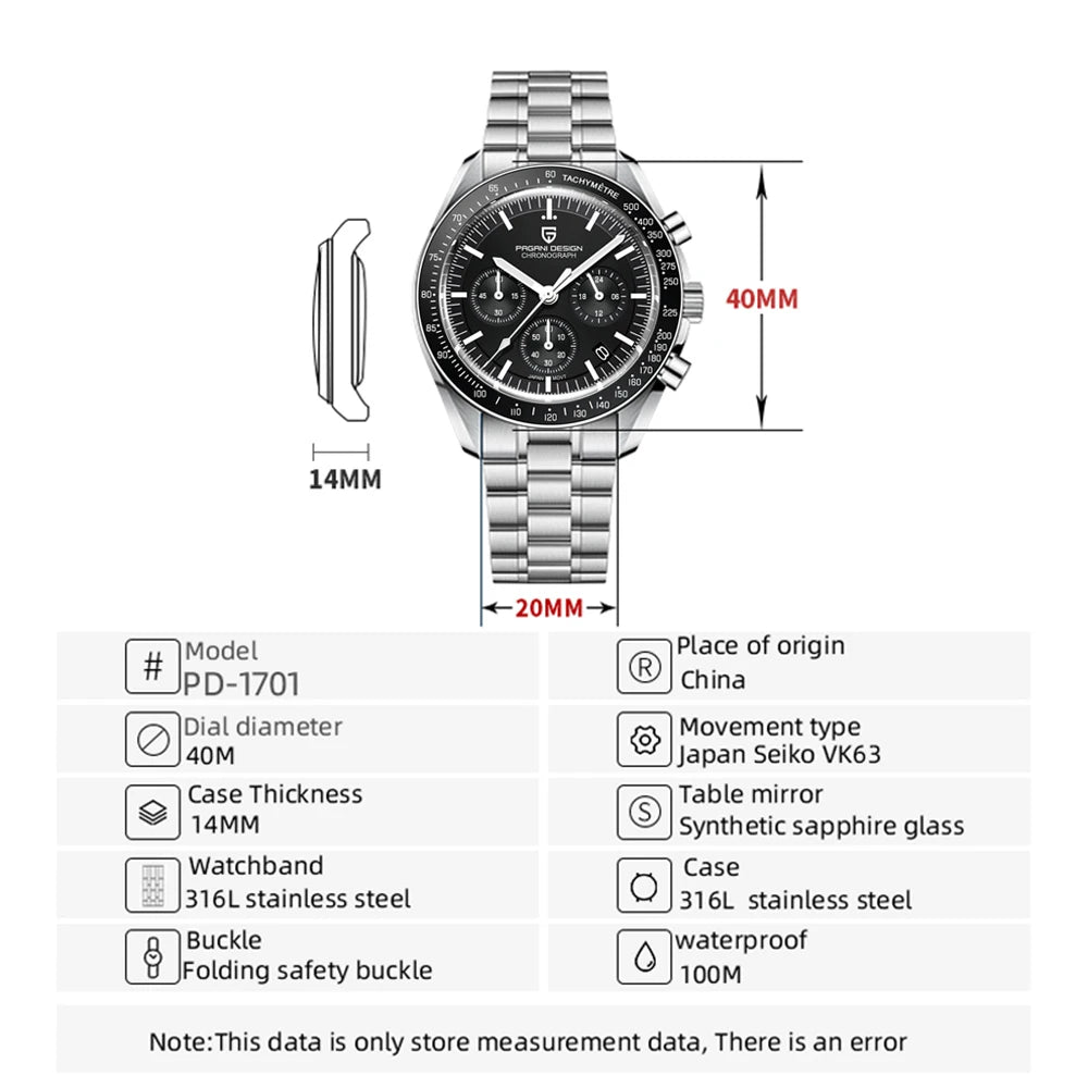 2025 New PAGANI DESIGN Moon Men's Watches Top Luxury Quartz Watch Man VK63 Chronograph Wristwatch AR Sapphire Mirror Waterproof
