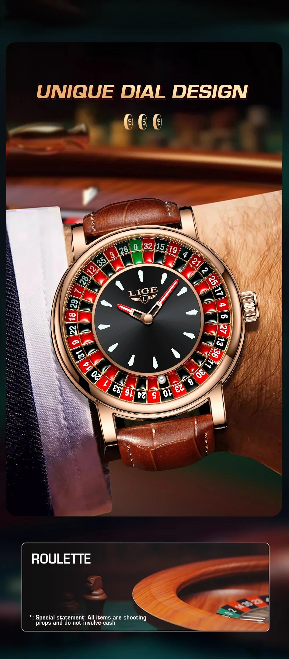 LIGE Fashion Brown Leather Men Watch Rotating Dial Las Vegas Roulette Desktop Theme Watch Men Waterproof Luminous Clock Watches