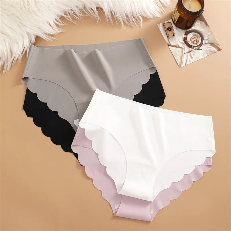 Ice Silk Seamless Panties 4PCS/Set Women's Briefs Solid Color Elastic Underwear Female Ultra Thin No Trace Wavy Side Panties