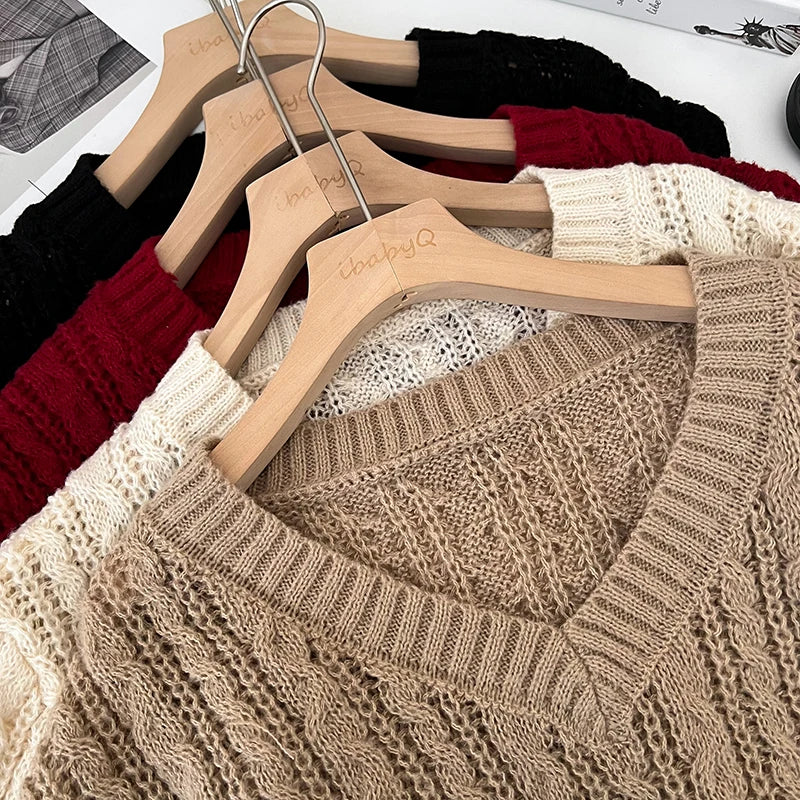 2026 New Autumn Winter Loose Casual Knitwear V-neck Long Sleeve Knitted Sweaters Twist Hollow Out Crochet Short Pullover Tops