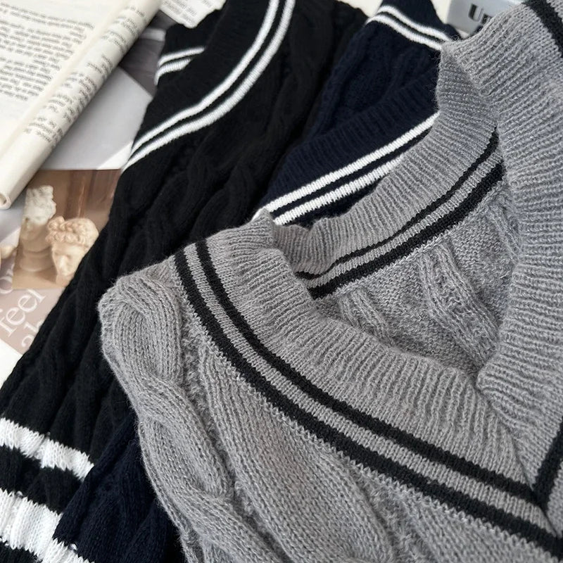 2026 New Autumn Winter Preppy Style Knitwear V-neck Long Sleeve Knitted Sweaters Twist Hit Color Striped Short Pullover Tops