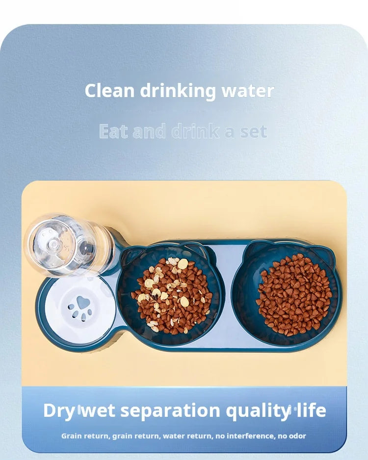 Pet Bowls With Water Feeder, 3 In 1 Ear Design Tilted Cat Water And Food Bowl Set With Gravity Water Bottle For Neck Protection luxecrown.co.uk